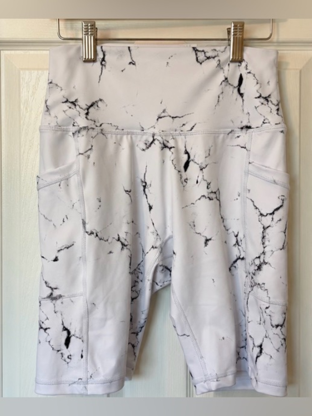 BuffBunny White Marble-Print High-Rise Bike Shorts